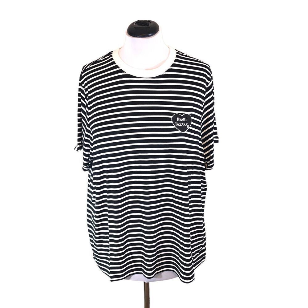 Soncy Women's Plus Size 3 (22/24) Black White Stripe Heart Breaker Tee Shirt NWT